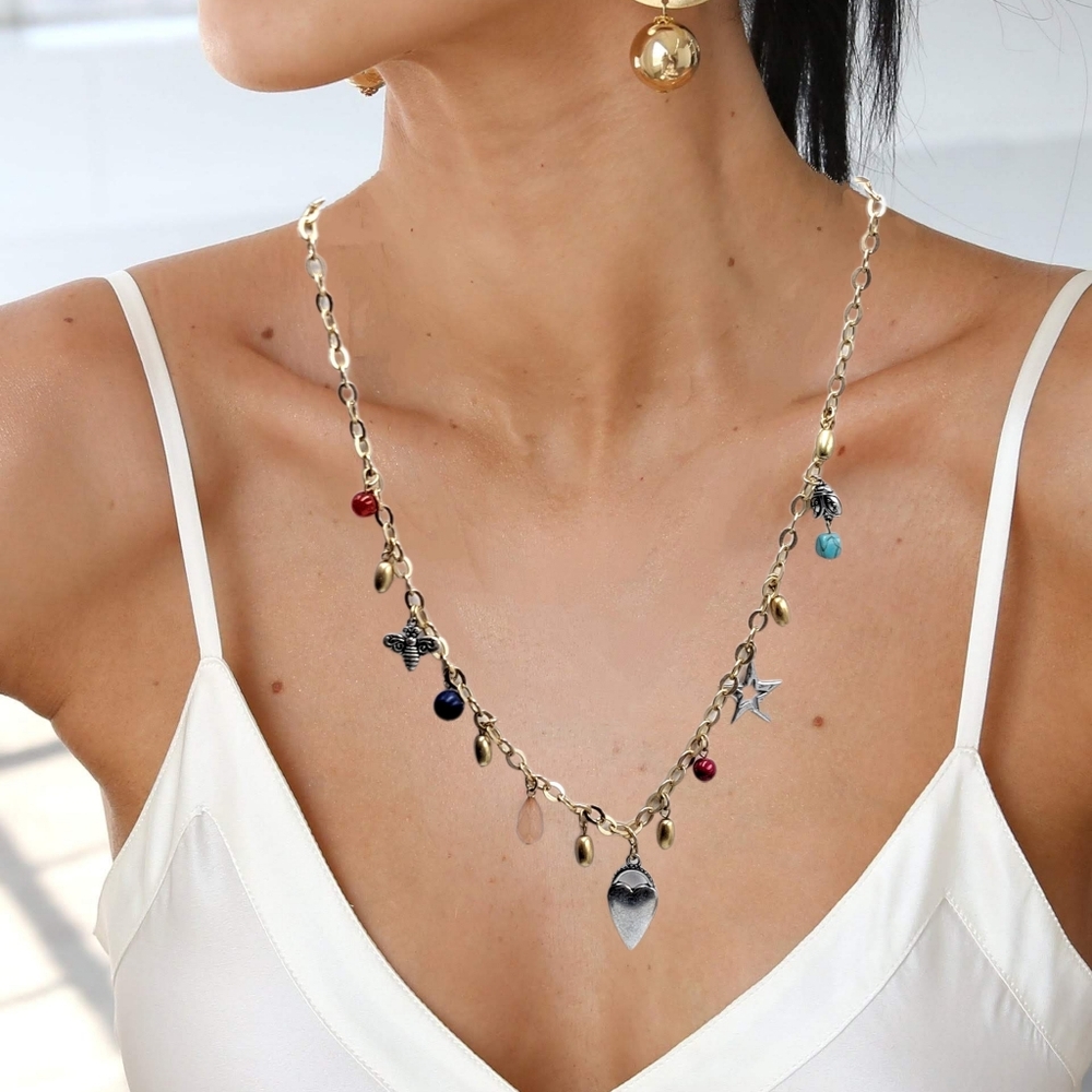 Chico’s Gold Tone Multi-Charm Necklace 34" | Star Bee Heart Charms | NWOT